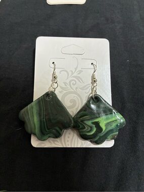 Green Swirl Drop Earrings - polymer clay